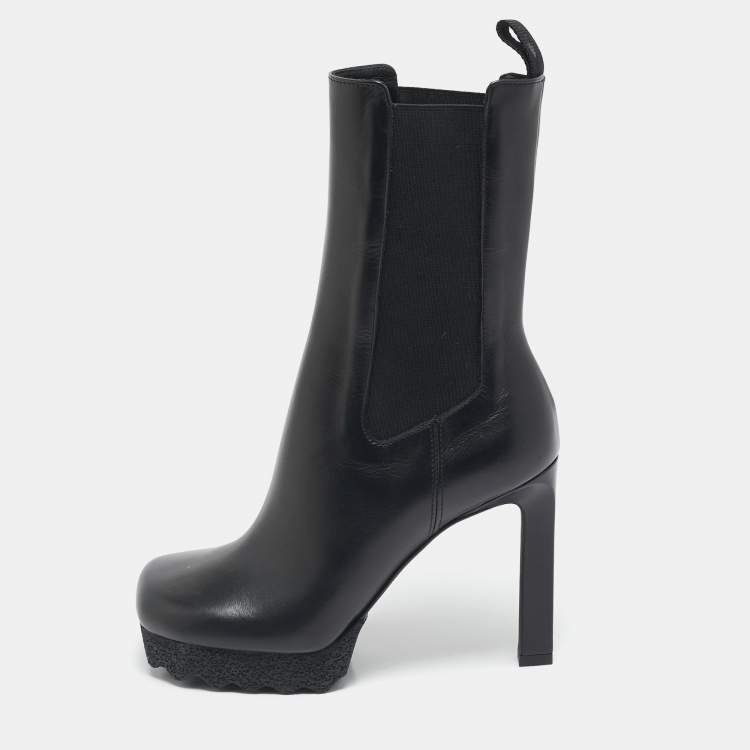 Pre Owned Off-White Black Leather Sponge Chelsea Heeled Ankle Length Boots Size 36