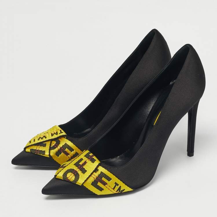 Pre Owned Off-White Black/Yellow Satin and Logo Canvas Commercial Bow Pumps Size 39