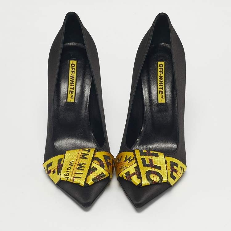 Pre Owned Off-White Black/Yellow Satin and Logo Canvas Commercial Bow Pumps Size 39