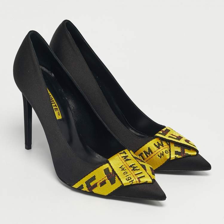 Pre Owned Off-White Black/Yellow Satin and Logo Canvas Commercial Bow Pumps Size 39