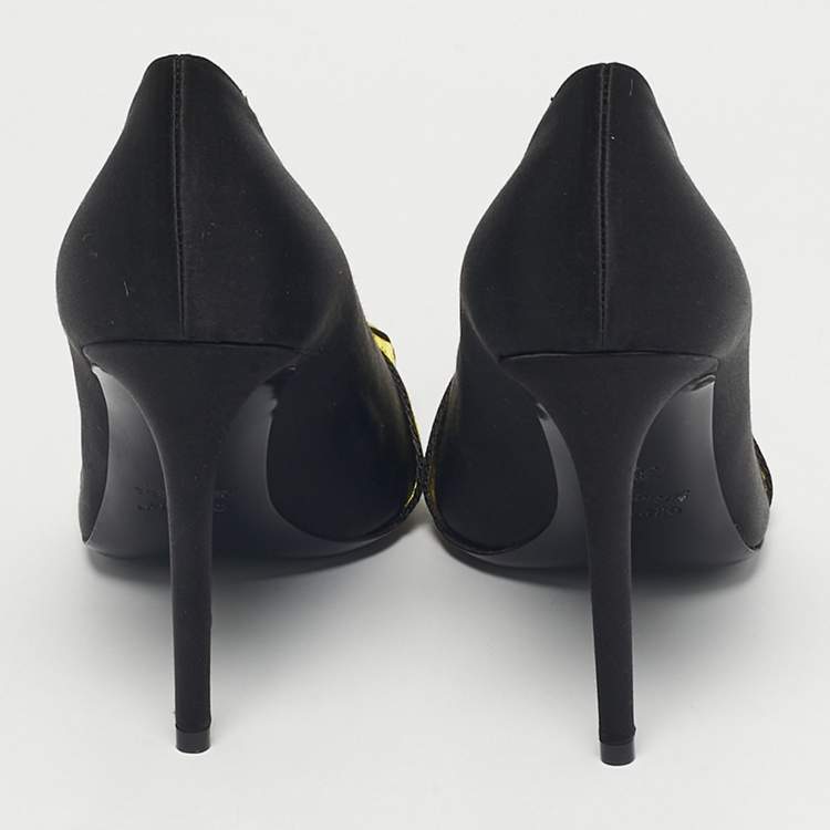Pre Owned Off-White Black/Yellow Satin and Logo Canvas Commercial Bow Pumps Size 39