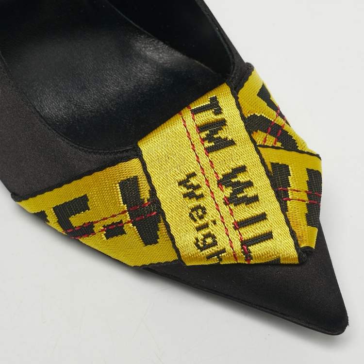Pre Owned Off-White Black/Yellow Satin and Logo Canvas Commercial Bow Pumps Size 39