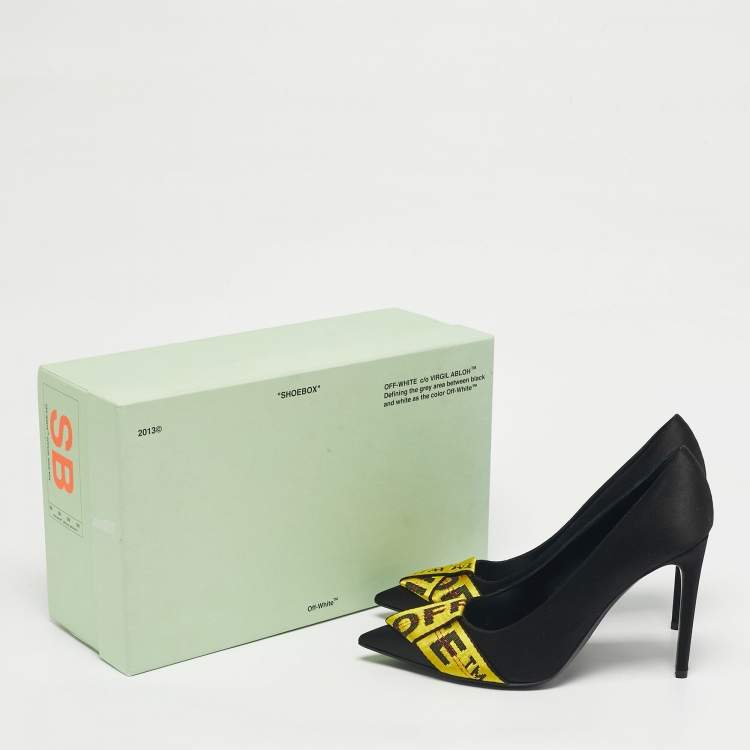 Pre Owned Off-White Black/Yellow Satin and Logo Canvas Commercial Bow Pumps Size 39