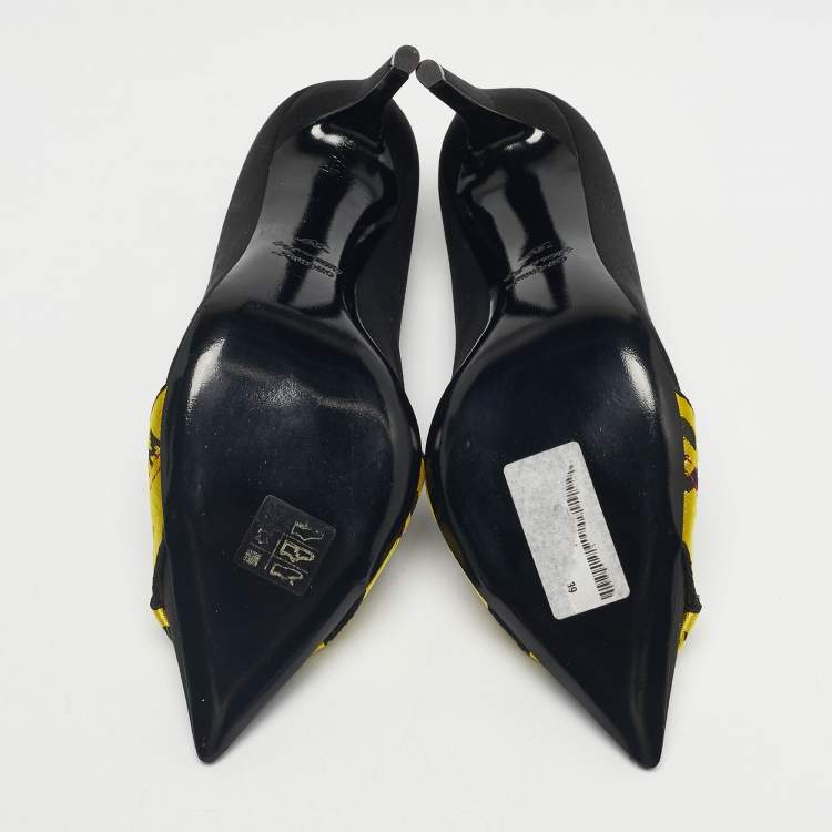 Pre Owned Off-White Black/Yellow Satin and Logo Canvas Commercial Bow Pumps Size 39