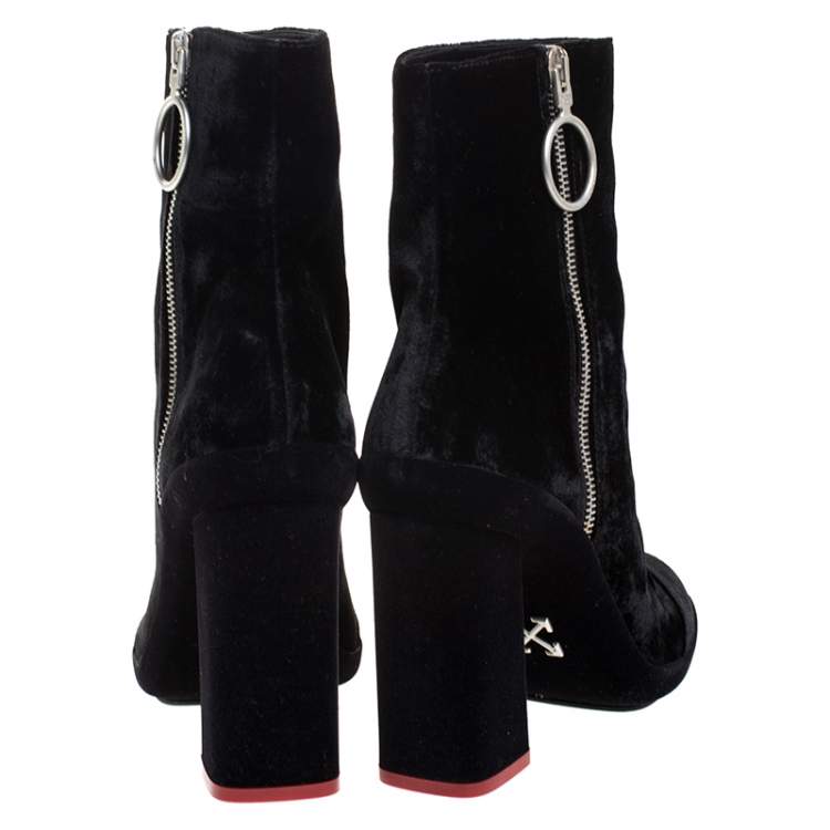 Pre Owned Off-White Black Velvet Block Heel Ankle Boots Size 38