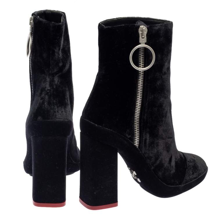 Pre Owned Off-White Black Velvet Block Heel Ankle Boots Size 35