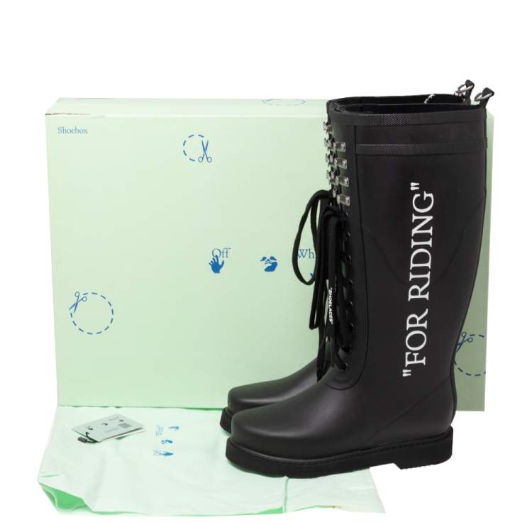 Pre Owned Off-White Black Rubber Quote Motif Lace Up Riding Boots Size 37