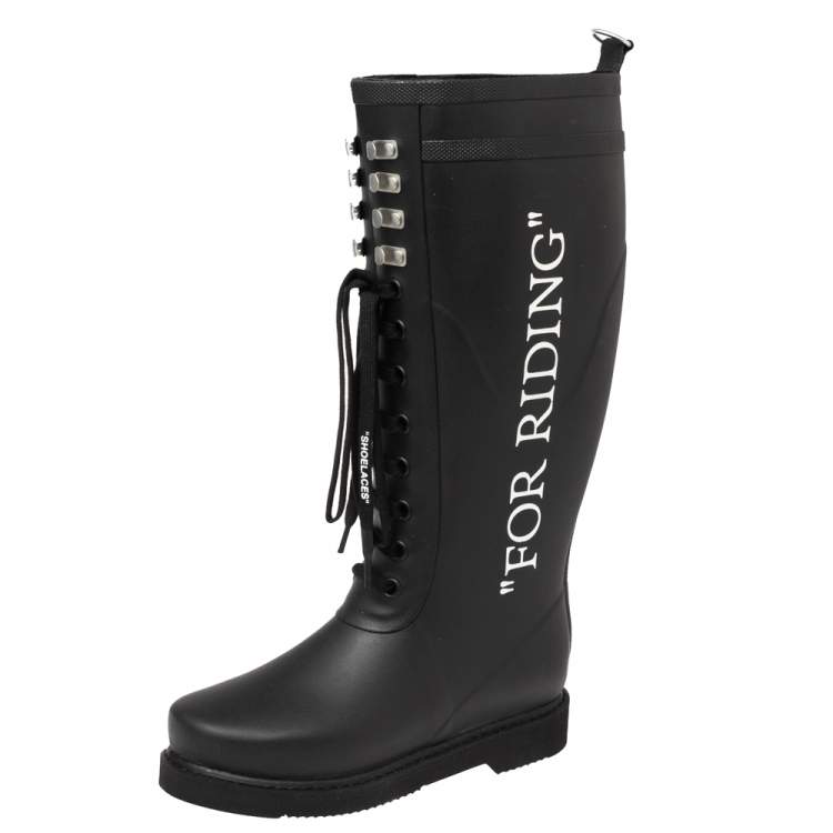 Pre Owned Off-White Black Rubber Quote Motif Lace Up Riding Boots Size 37