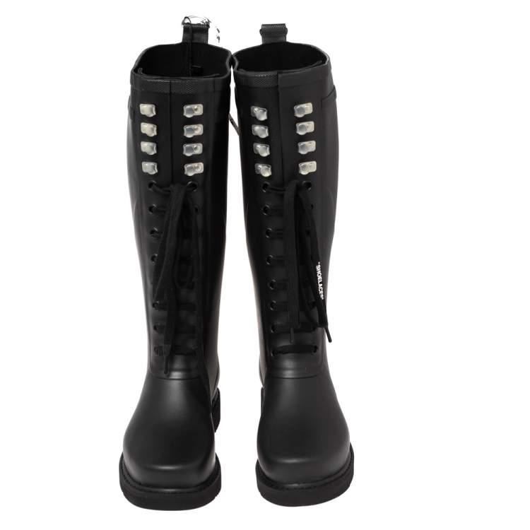 Pre Owned Off-White Black Rubber Quote Motif Lace Up Riding Boots Size 37