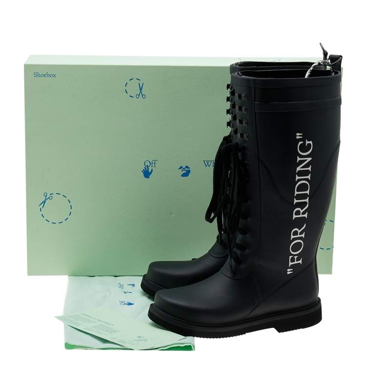 Pre Owned Off-White Black Rubber Quote-Motif Riding Boots Size 38