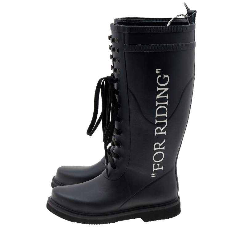 Pre Owned Off-White Black Rubber Quote-Motif Riding Boots Size 38