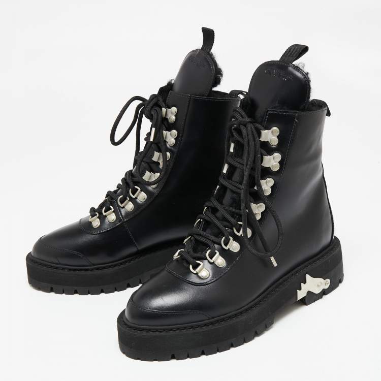 Pre Owned Off-White Black Leather Hiking Ankle Boots Size 38
