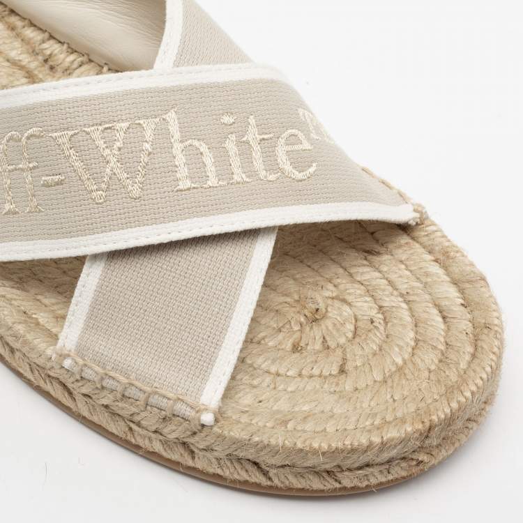 Pre Owned Off-White Beige Logo Embroidered Canvas Crisscross Flat Espadrille Slides Size 38