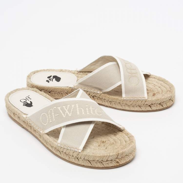 Pre Owned Off-White Beige Logo Embroidered Canvas Crisscross Flat Espadrille Slides Size 38