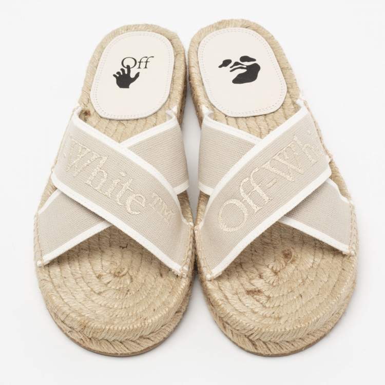 Pre Owned Off-White Beige Logo Embroidered Canvas Crisscross Flat Espadrille Slides Size 38