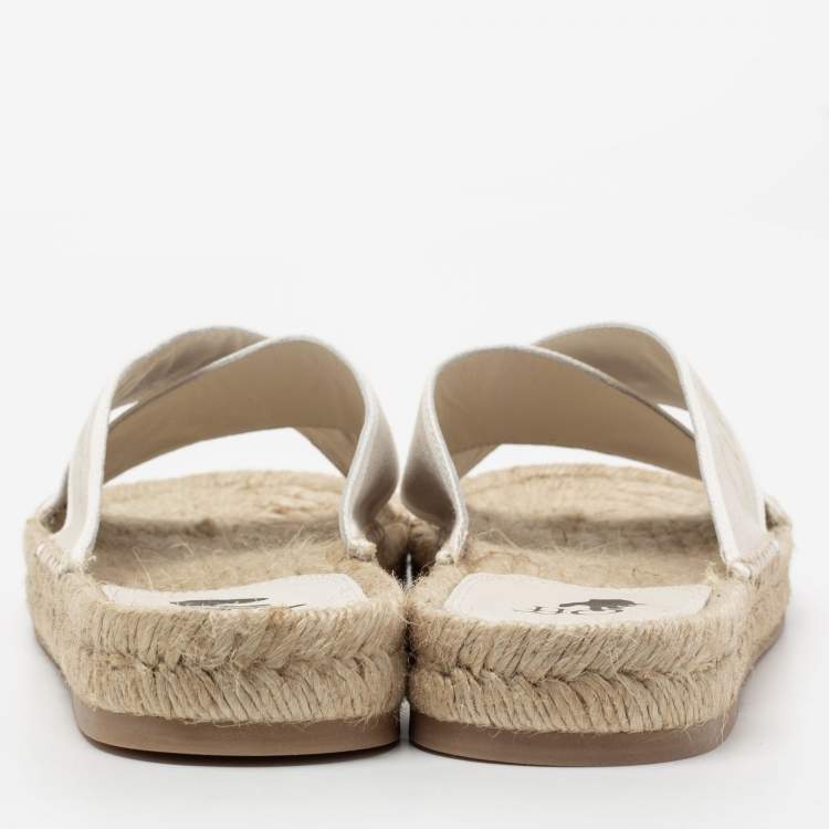 Pre Owned Off-White Beige Logo Embroidered Canvas Crisscross Flat Espadrille Slides Size 38