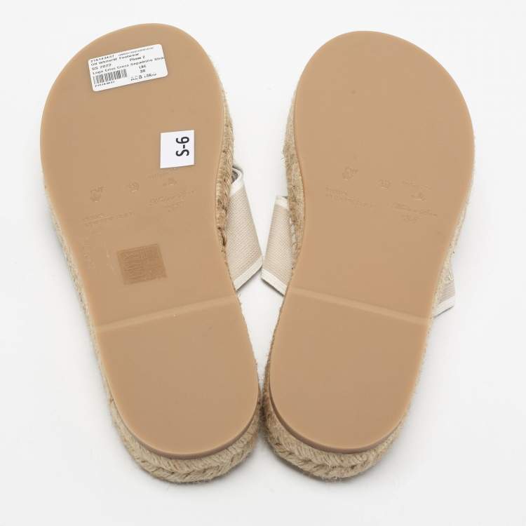 Pre Owned Off-White Beige Logo Embroidered Canvas Crisscross Flat Espadrille Slides Size 38