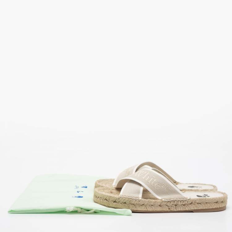 Pre Owned Off-White Beige Logo Embroidered Canvas Crisscross Flat Espadrille Slides Size 38
