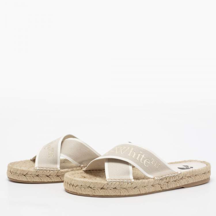 Pre Owned Off-White Beige Logo Embroidered Canvas Crisscross Flat Espadrille Slides Size 38