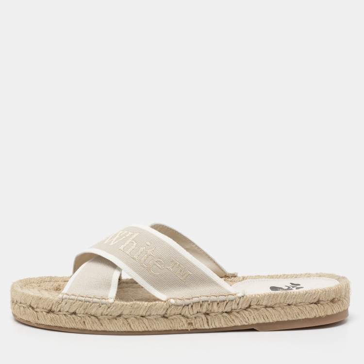 Pre Owned Off-White Beige Logo Embroidered Canvas Crisscross Flat Espadrille Slides Size 38