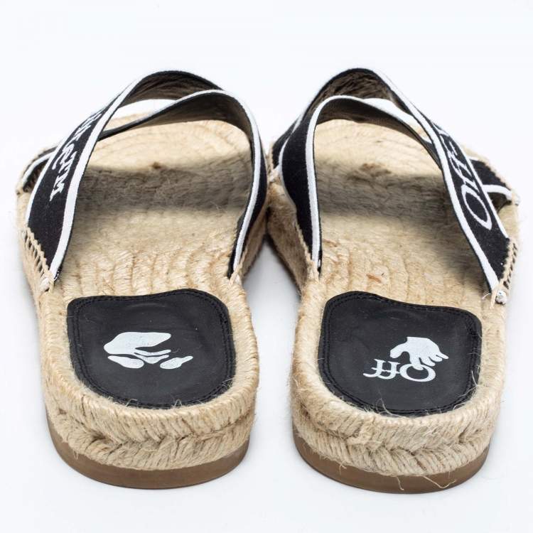 Pre Owned Off-White Black/White Logo Embroidered Canvas Crisscross Flat Espadrille Slides Size 38
