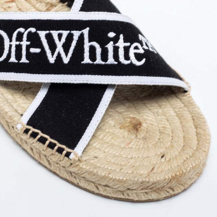 Pre Owned Off-White Black/White Logo Embroidered Canvas Crisscross Flat Espadrille Slides Size 38