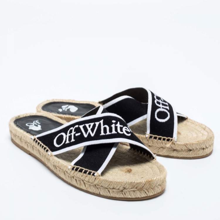 Pre Owned Off-White Black/White Logo Embroidered Canvas Crisscross Flat Espadrille Slides Size 38