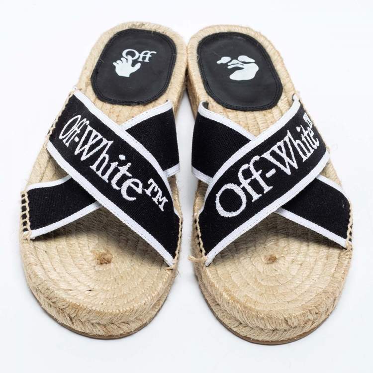 Pre Owned Off-White Black/White Logo Embroidered Canvas Crisscross Flat Espadrille Slides Size 38
