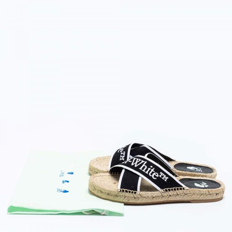 Pre Owned Off-White Black/White Logo Embroidered Canvas Crisscross Flat Espadrille Slides Size 38