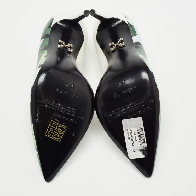 Pre Owned Off-White White/Green Printed Leather Pointed Toe Pumps Size 40