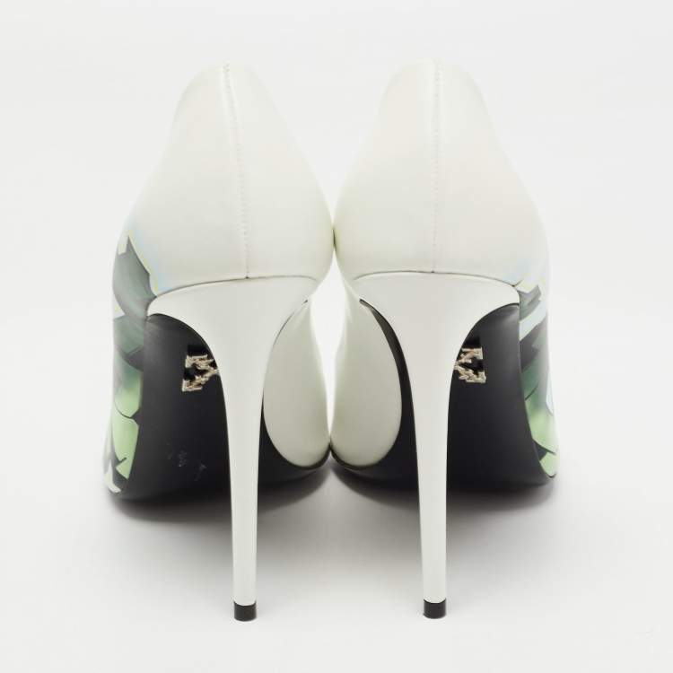 Pre Owned Off-White White/Green Printed Leather Pointed Toe Pumps Size 40
