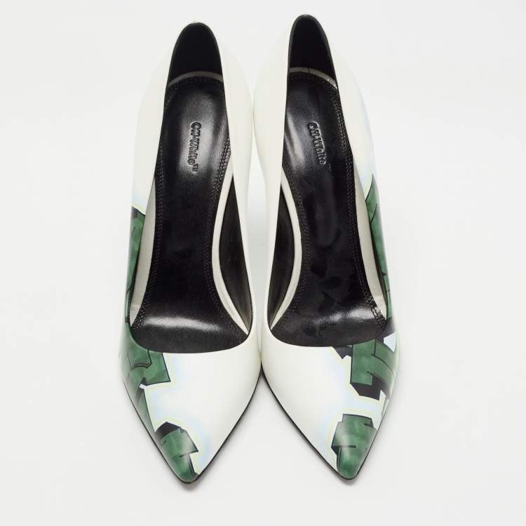 Pre Owned Off-White White/Green Printed Leather Pointed Toe Pumps Size 40