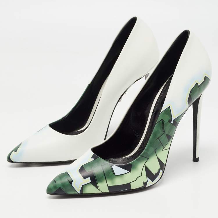 Pre Owned Off-White White/Green Printed Leather Pointed Toe Pumps Size 40