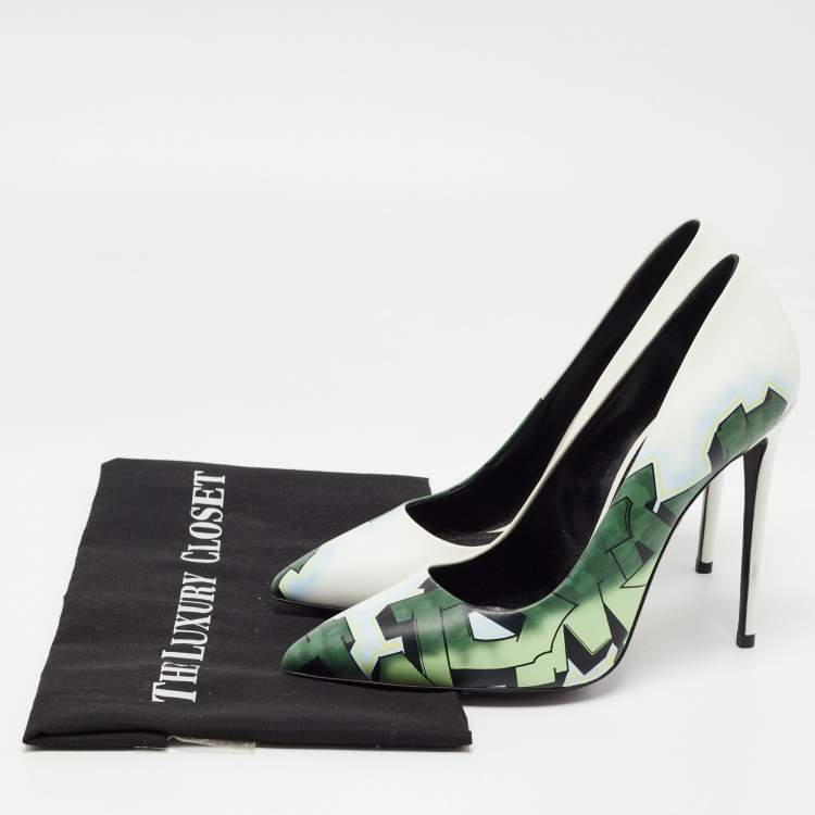 Pre Owned Off-White White/Green Printed Leather Pointed Toe Pumps Size 40