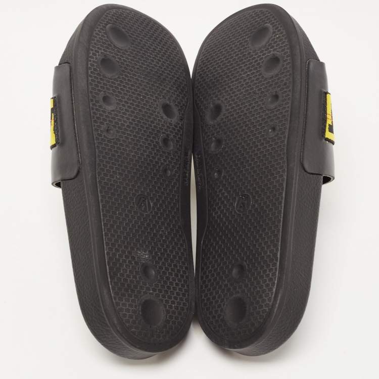 Pre Owned Off-White Black/Yellow Leather and Logo Canvas Industrial Slides Size 41