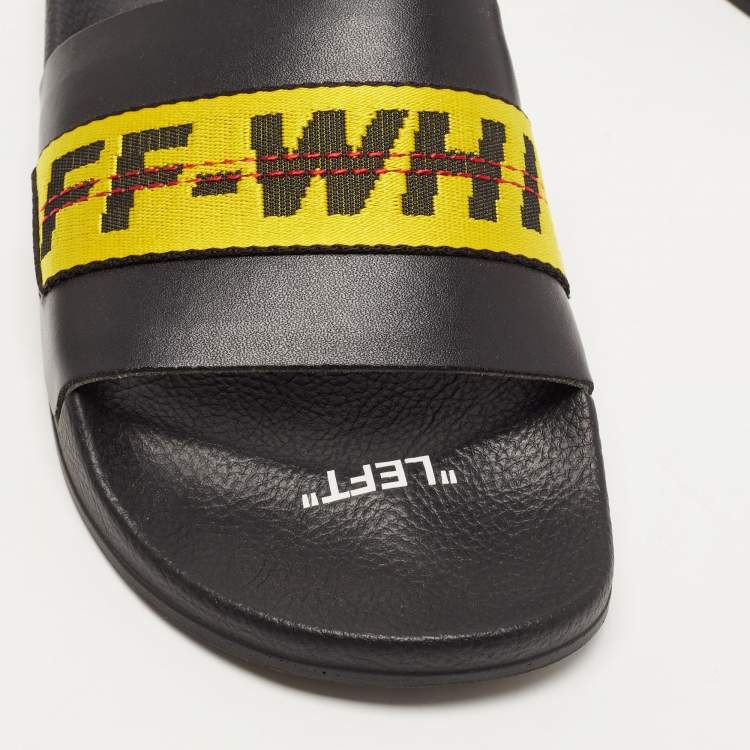 Pre Owned Off-White Black/Yellow Leather and Logo Canvas Industrial Slides Size 41