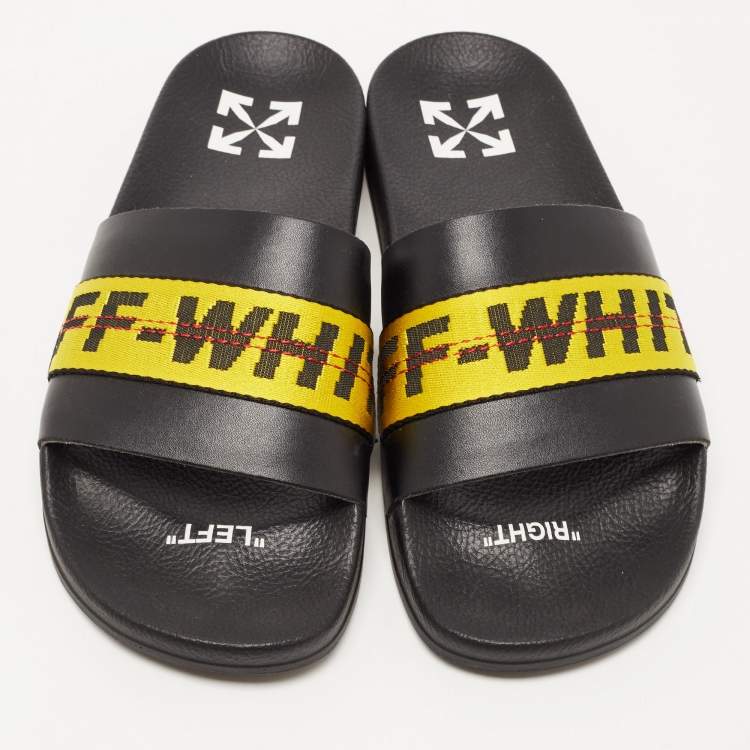 Pre Owned Off-White Black/Yellow Leather and Logo Canvas Industrial Slides Size 41