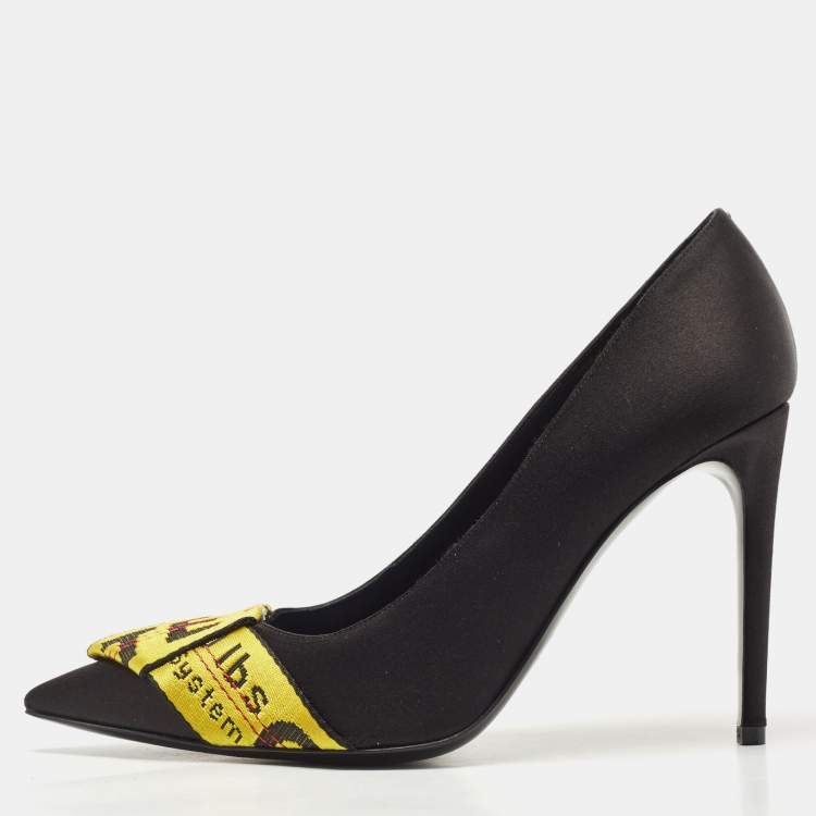 Pre Owned Off-White Black/Yellow Satin and Logo Canvas Pumps Size 40