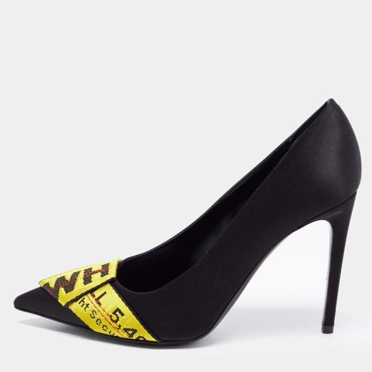 Pre Owned Off-White Black/Yellow Satin and Logo Canvas Pumps Size 40