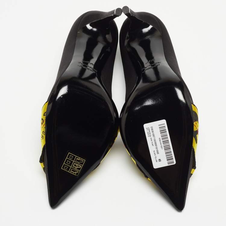 Pre Owned Off-White Black/Yellow Satin and Logo Canvas Commercial Bow Pumps Size 40