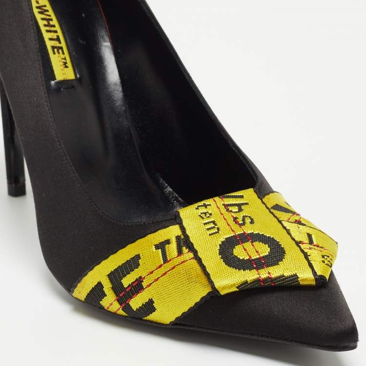 Pre Owned Off-White Black/Yellow Satin and Logo Canvas Commercial Bow Pumps Size 40