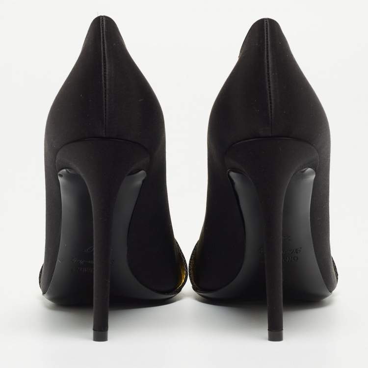 Pre Owned Off-White Black/Yellow Satin and Logo Canvas Commercial Bow Pumps Size 40