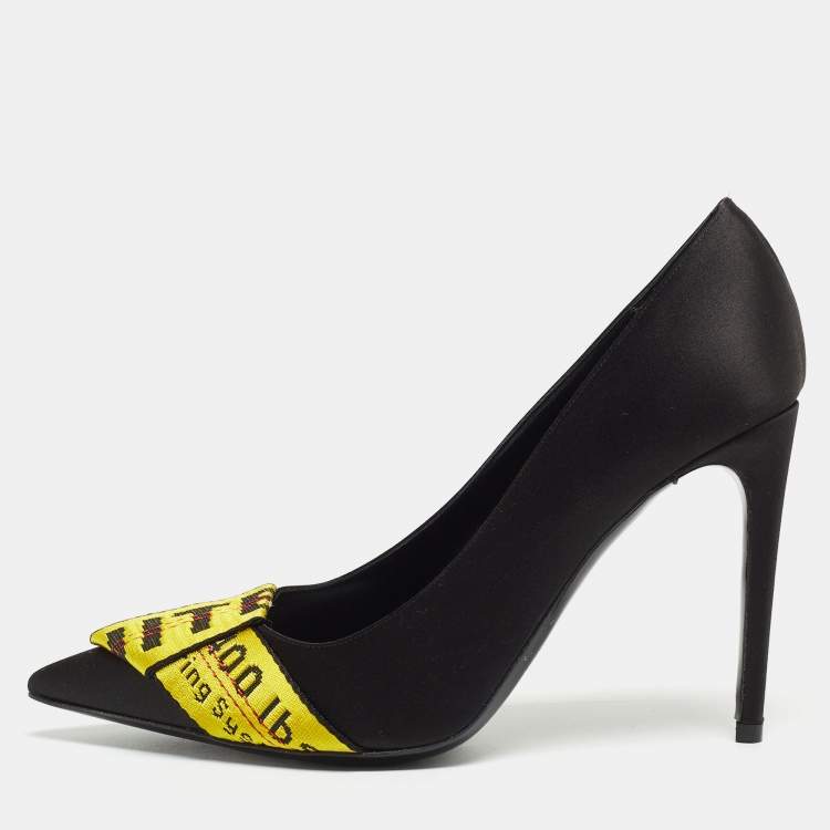 Pre Owned Off-White Black/Yellow Satin and Logo Canvas Commercial Bow Pumps Size 40