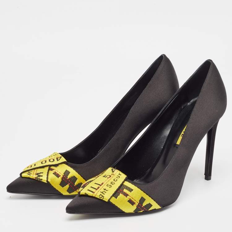 Pre Owned Off-White Black/Yellow Satin and Logo Canvas Commercial Bow Pumps Size 39
