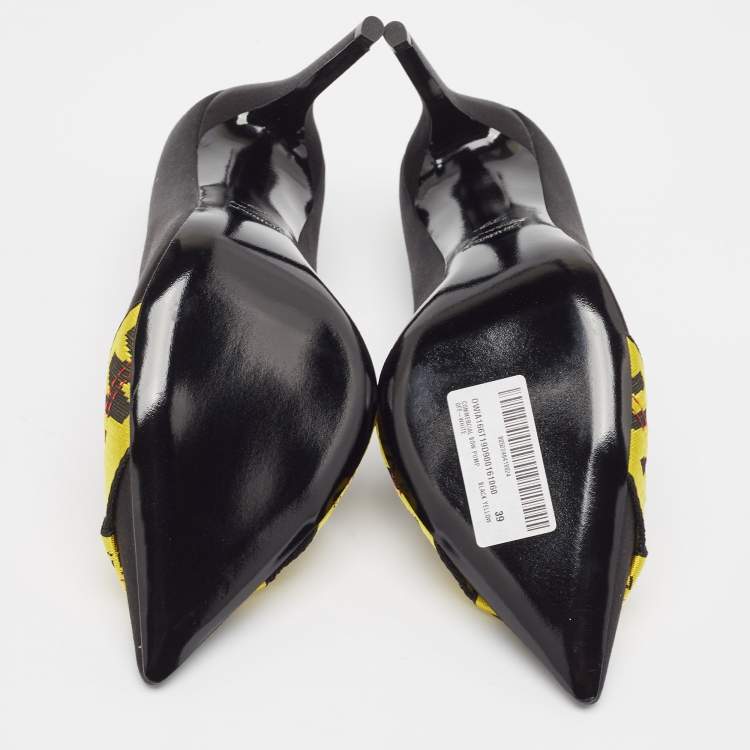 Pre Owned Off-White Black/Yellow Satin and Logo Canvas Commercial Bow Pumps Size 39