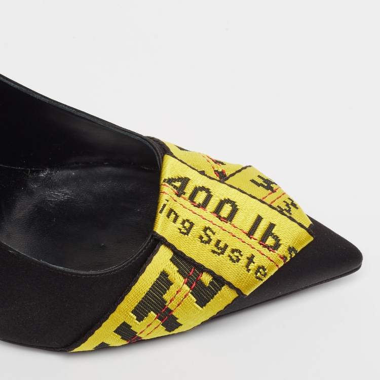 Pre Owned Off-White Black/Yellow Satin and Logo Canvas Commercial Bow Pumps Size 39