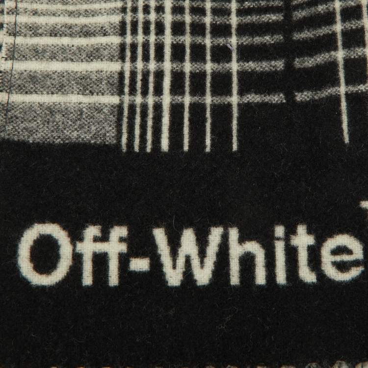 Pre Owned Off-White Black/White Wool Checkered Wool Fringed Scarf