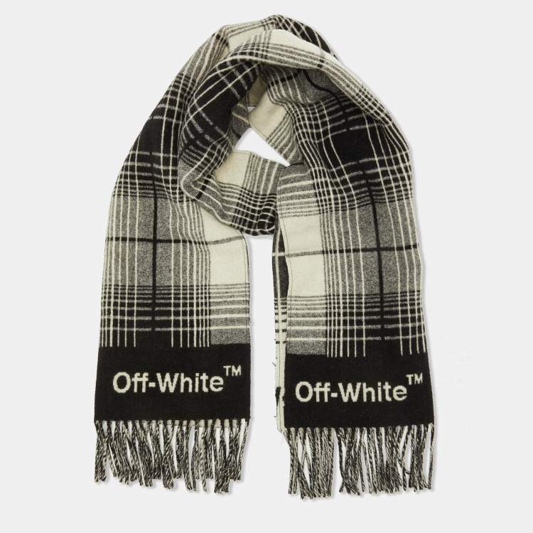 Pre Owned Off-White Black/White Wool Checkered Wool Fringed Scarf