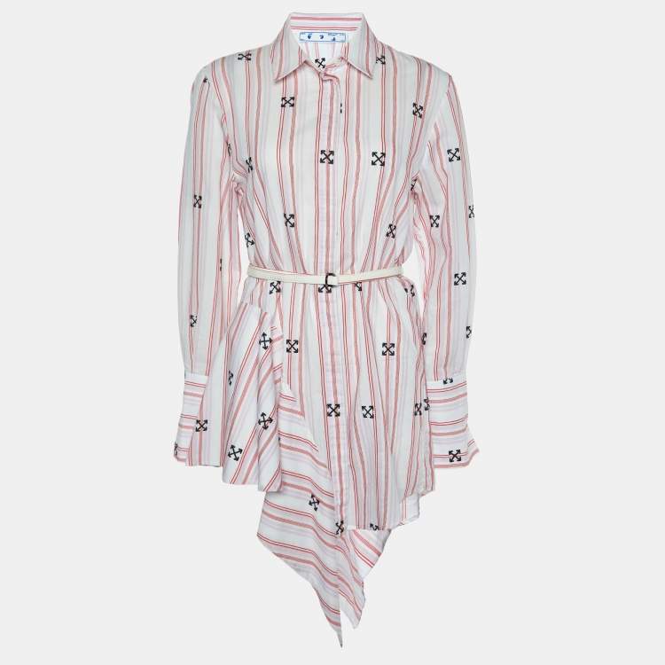 Pre Owned Off-White White Stripe & Embroidered Cotton Blend Shirt Dress S