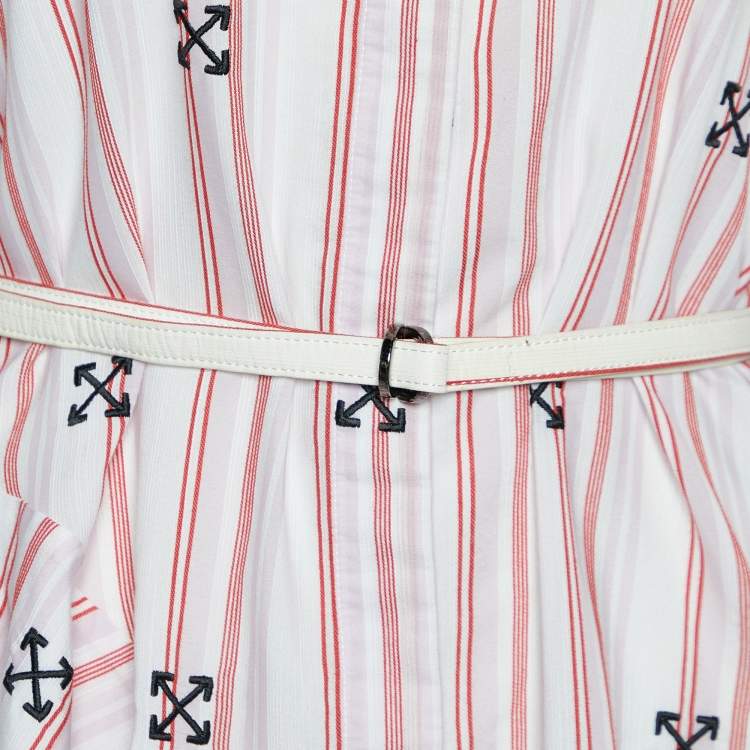 Pre Owned Off-White White Stripe & Embroidered Cotton Blend Shirt Dress S